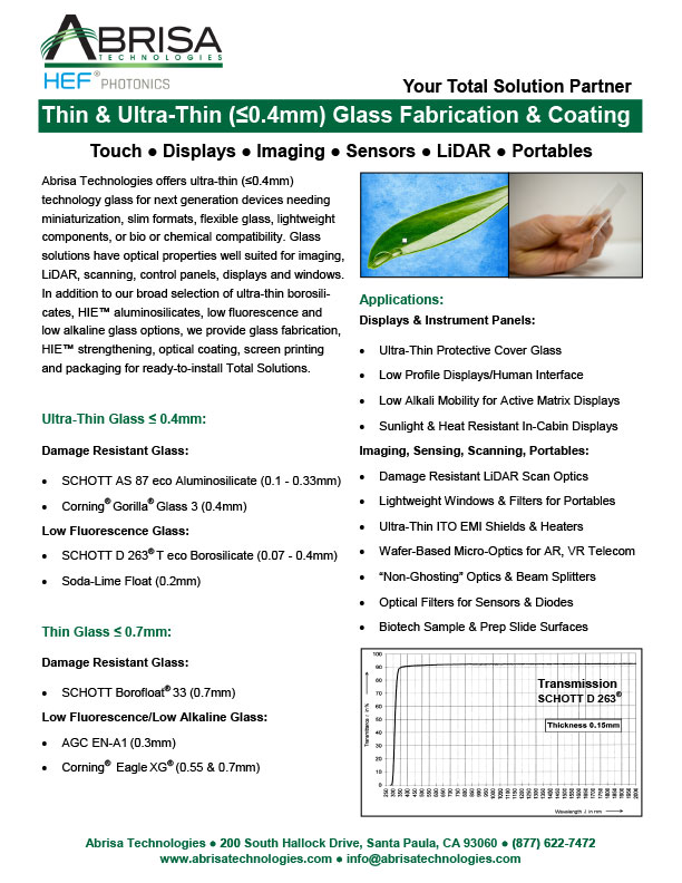 Thin & Ultra-Thin Glass Fabrication & Coating Data Sheet